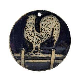 Rooster Trivet Navy Blue Round Hanging Wall Art Signed Robin Beckett Pottery 5"